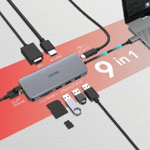 D1026B,UNITEK,9-in-1 USB-C 5Gbps Hub (USB3.0*3+HDMI+VGA+RJ45+Card Reader+PD 100W), Space Grey