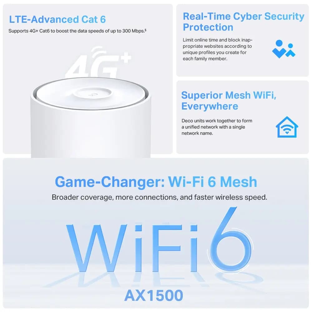 TP-Link, Deco X10-4G(1-pack), 4G + AX1500 Whole Home Mesh Wi-Fi 6 System