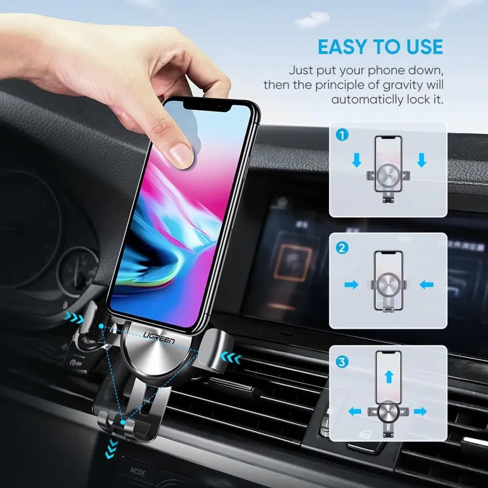 UGREEN 50564 Gravity Drive Air Vent Mount Phone Holder Gray