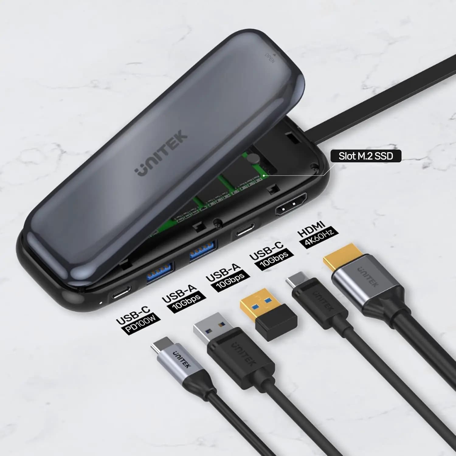 D1046A, UNITEK,6-in-1 USB-C 10Gbps Hub with M.2 SSD Enclosure 2*USB-A+USB-C 10Gbps+PD100W+HDMI 4K60Hz+M.2 PCIe/NVMe SSD