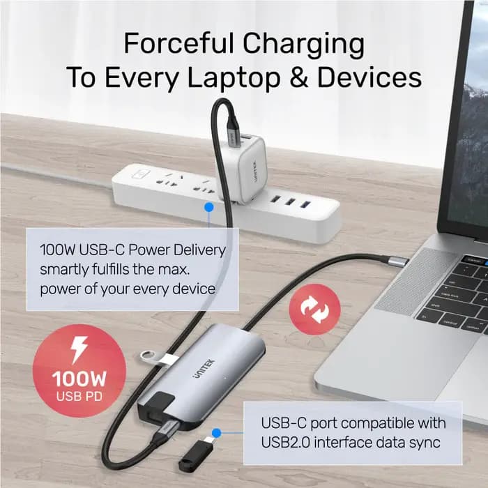 D1028A, UNITEK,5-In-1 USB3.1 10Gbps Multi-Port Hub (2-Port USB-A 10Gbps+HDMI 4K60Hz+RJ45+PD 100W), Space Grey