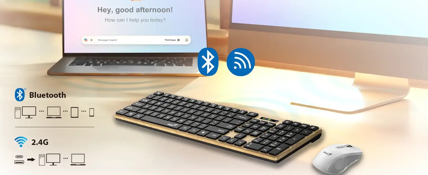 Genius, SlimStar 7250BT, AI Copilot Key, Keyboard, Pine wood