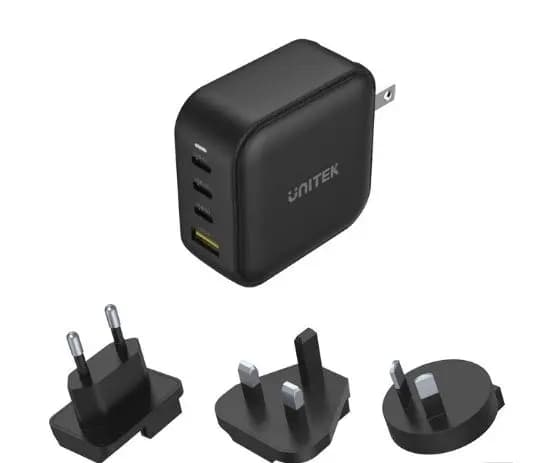 P1112ABK, UNITEK, Charger, 100W 4-in-1 USB GaN Charger (3*USB-C PD + USB-A QC3.0), With US/EU/UK/AU Plugs, Black.