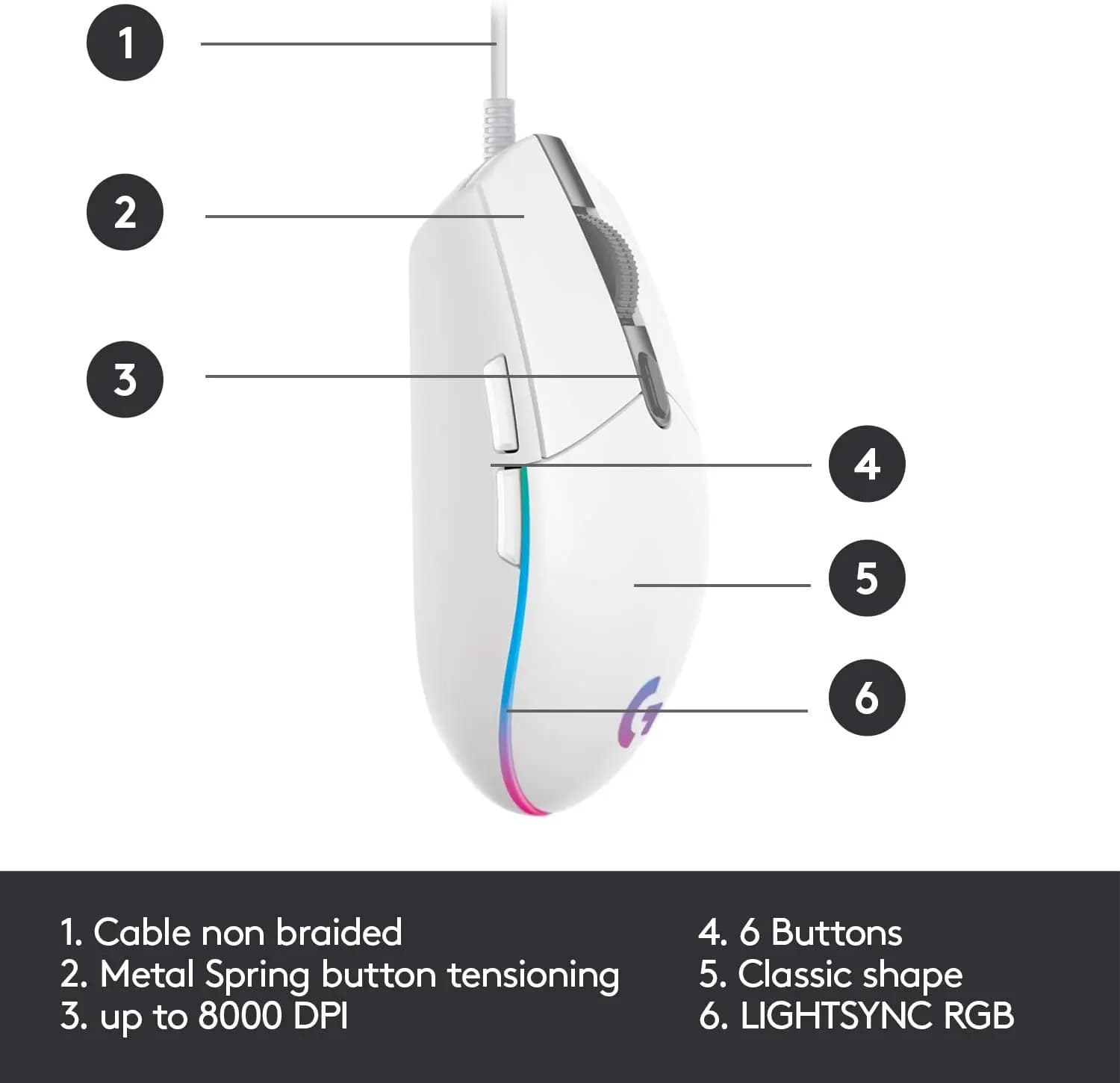 logitech, G203, Mouse (RGB) White