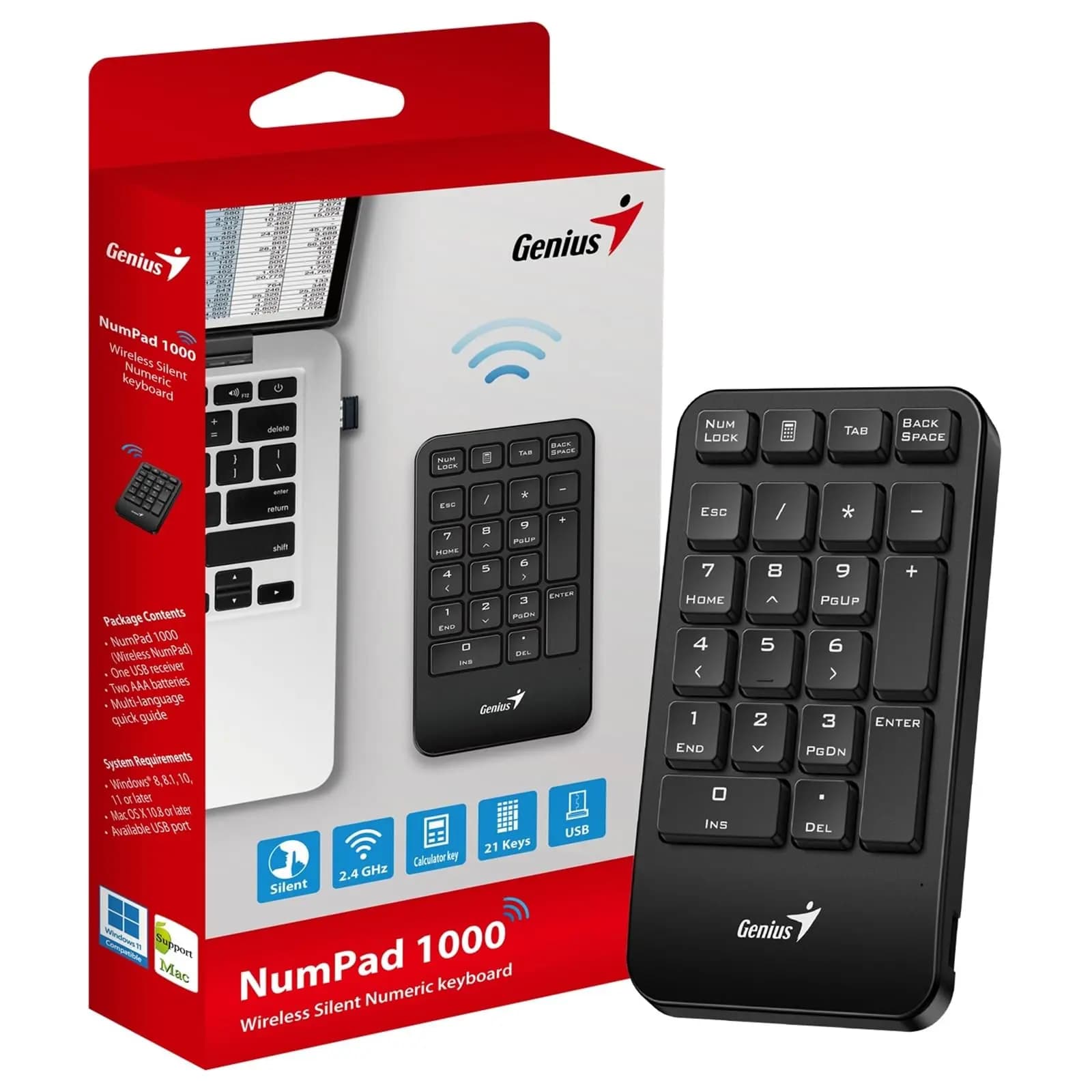 NumPad 1000, GENIUS, Keyboard, Portable Numberpad with Palm Rest, Wireless, BLACK.