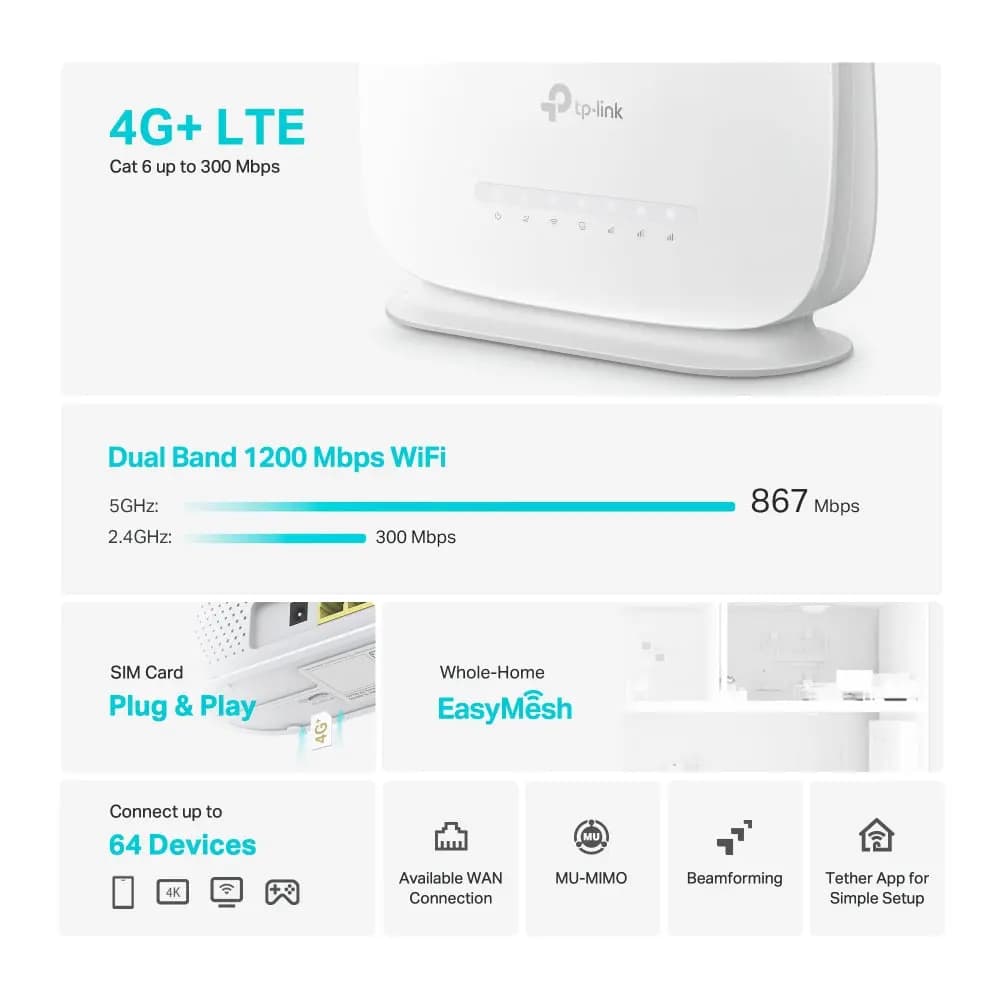TP-Link, Archer MR505, 4G+ Cat6 AC1200 Wireless Dual Band Gigabit Router