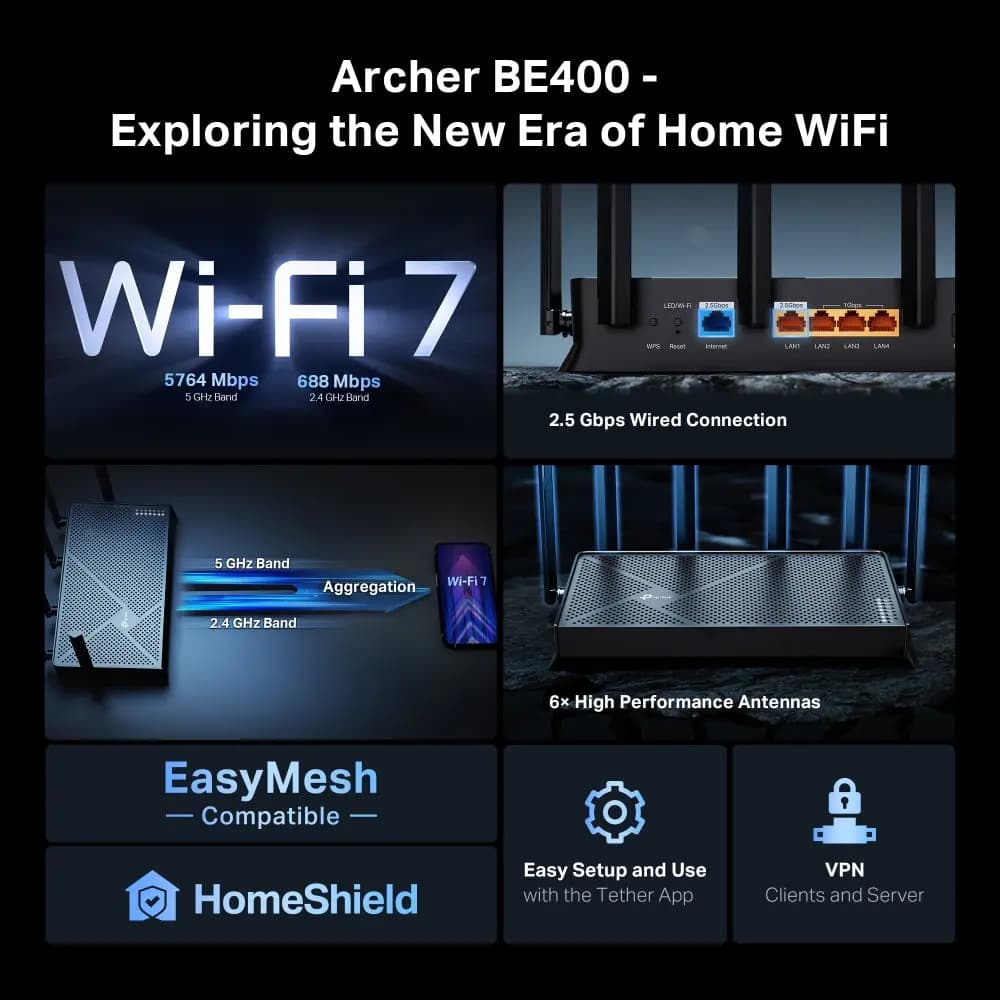 TP-Link, Archer BE400, BE6500 Dual-Band Wi-Fi 7 Router