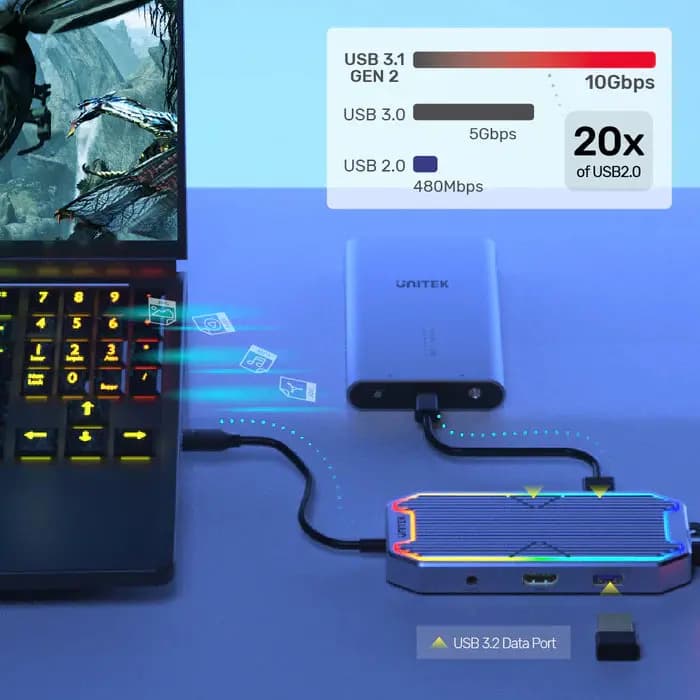 D1029A,UNITEK, 7-in-1 USB-C 10Gbps Hub with RGB Light (2*USB-A 10Gbps+USB-C 10Gbps+HDMI 4K60Hz+Gigabit Ethernet+Audio+PD 100W