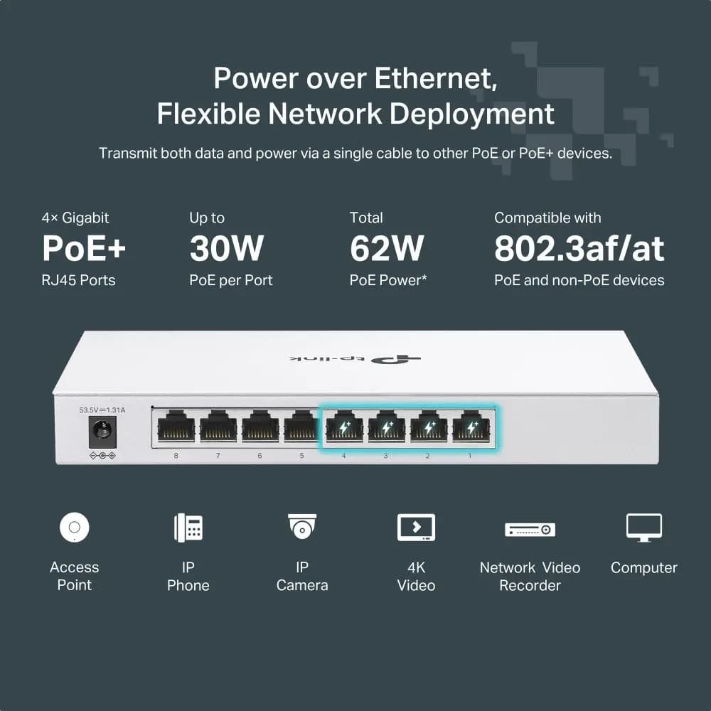 TP-Link, Festa FS308GP, 8-Port Gigabit Smart Switch with 4-Port PoE+ 62W