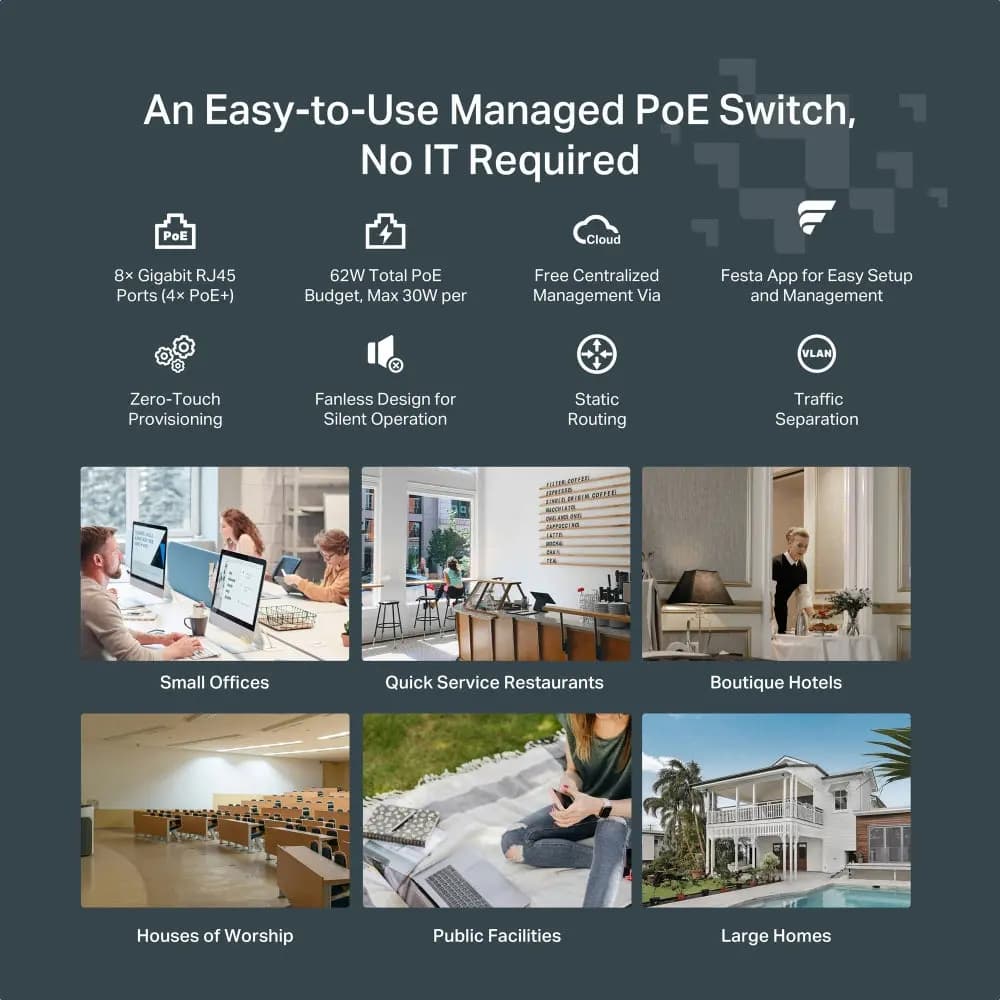 TP-Link, Festa FS308GP, 8-Port Gigabit Smart Switch with 4-Port PoE+ 62W