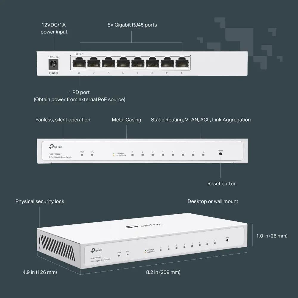 TP-Link, Festa FS308G, 8-Port 10/100/1000Mbps Smart Switch, Supports PoE input
