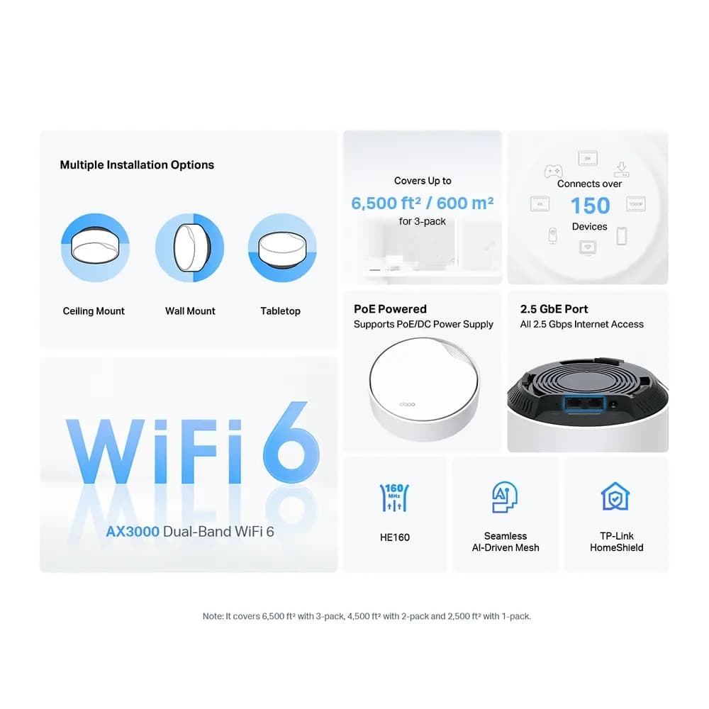 TP-Link, Deco X50-PoE(1-pack) AX3000 Whole Home Mesh Wi-Fi 6 Unit with PoE