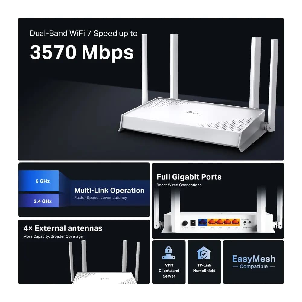 TP-Link, Archer BE220W, BE3600 Dual-Band Wi-Fi 7 Router