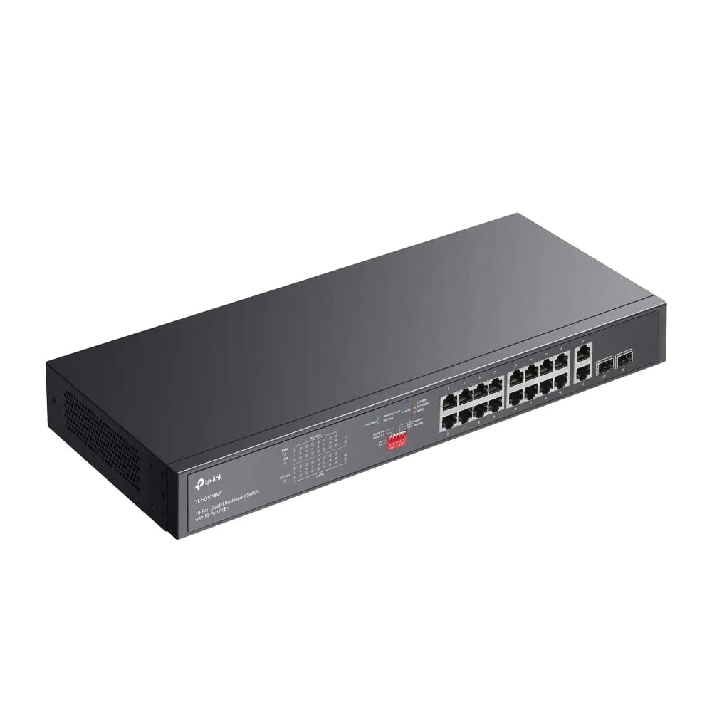 TP-Link, TL-SG1218MP, 16× Gigabit PoE+ RJ45 ports, 2× Gigabit on-PoE RJ45 ports, and 2× Combo Gigabit SFP slots 802.3af/at