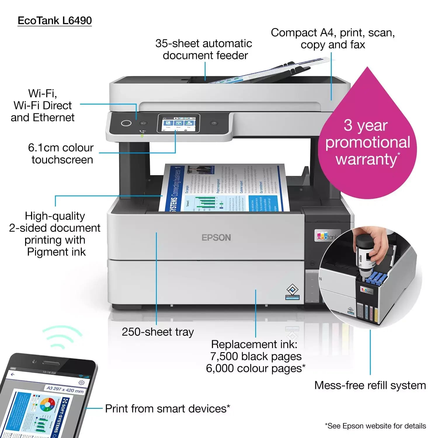 Epson EcoTank L6490 A4 ფერადი მულტიფუნქციური WiFi პრინტერი