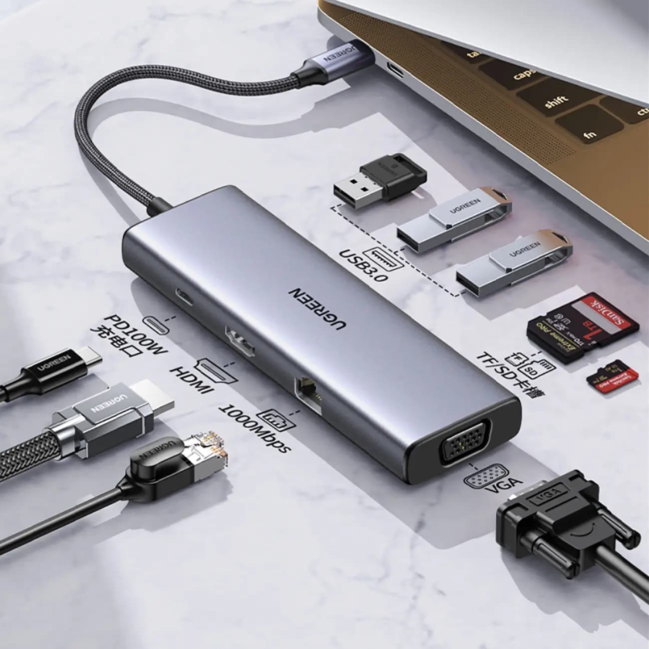 CM498, UGREEN, USB HUB, USB-C, USB, HDMI, VGA, RJ45, SD, TF, Hub, Gray.