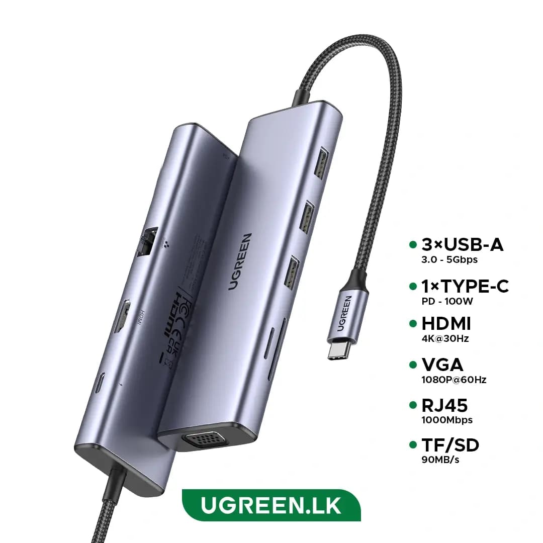 CM498, UGREEN, USB HUB, USB-C, USB, HDMI, VGA, RJ45, SD, TF, Hub, Gray.