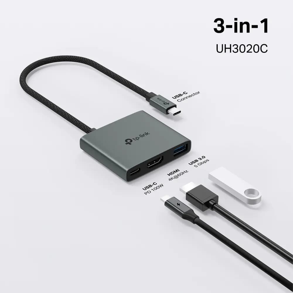 UH3020C, TPLINK, Type C Adapter, Type-C to 4K@60Hz HDMI, 100W Power Delivery, 1× USB-A.
