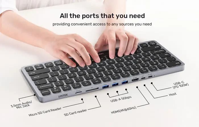 UNITEK, D1092A, 9-in-1 USB-C Keyboard Hub, Grey