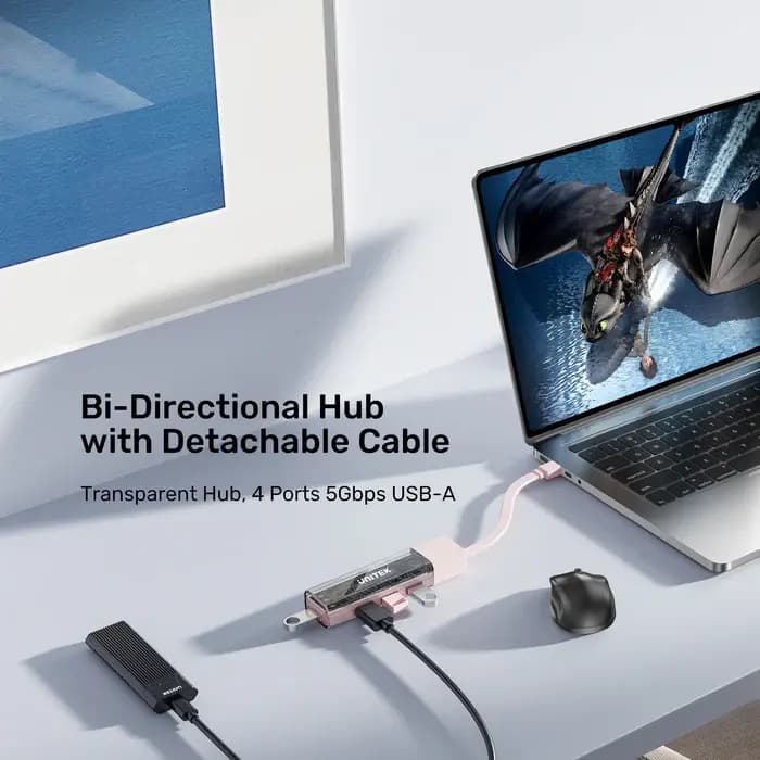 H1319AWH01, UNITEK, USB HUB, Bi-Directional Hub(with Detachable Cable), USB-C/USB-A 5Gb Hub (4*USB-A).