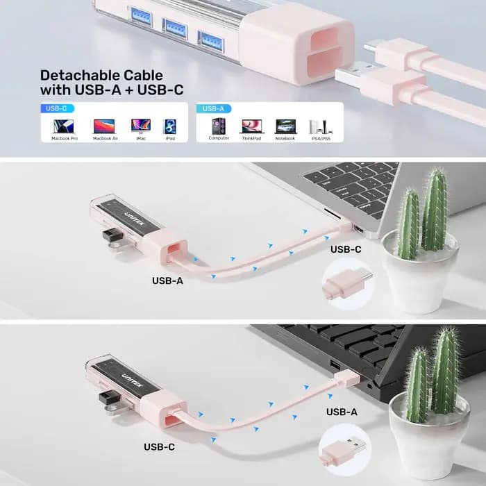 H1319AWH01, UNITEK, USB HUB, Bi-Directional Hub(with Detachable Cable), USB-C/USB-A 5Gb Hub (4*USB-A).