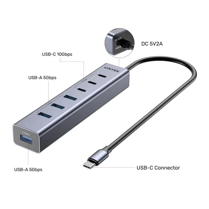 H1335A, UNITEK, USB HUB, 7-in-1 USB-C 10Gbps Hub (3*USB-C 10Gbps+ 4*USB-A 5Gbps).