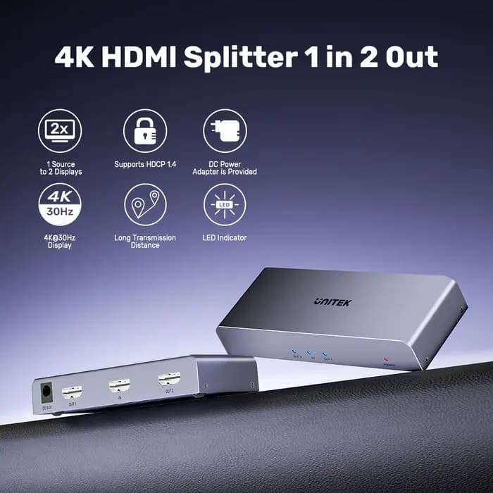 V1130A, UNITEK, HDMI Splitter, 4K HDMI Splitter 1 In 2 Out.