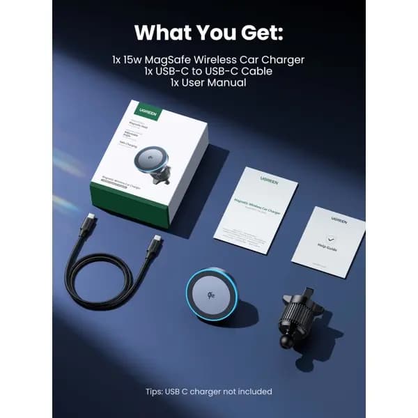 Qi2, UGREEN, Car Charger, 15W, Wireless Car Mount Charger, Black/Grey.