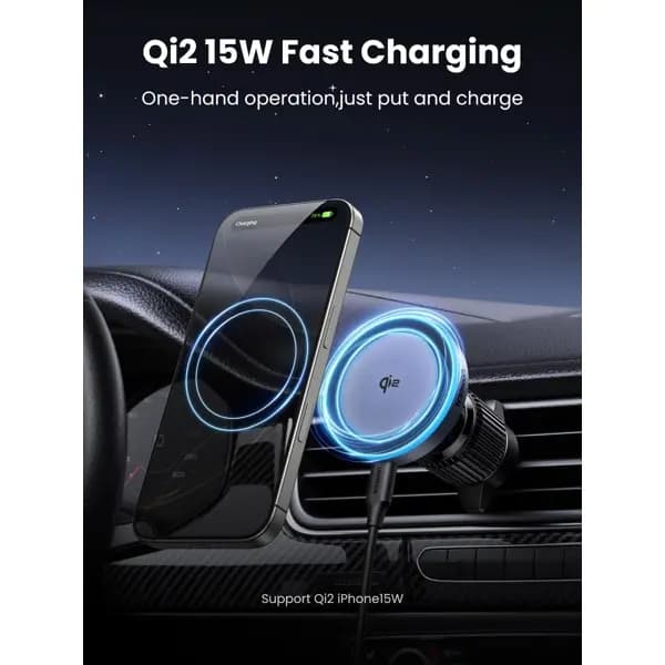 Qi2, UGREEN, Car Charger, 15W, Wireless Car Mount Charger, Black/Grey.