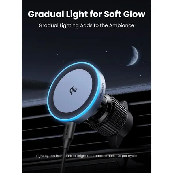 Qi2, UGREEN, Car Charger, 15W, Wireless Car Mount Charger, Black/Grey.