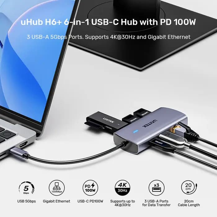 D1113C, UNITEK, USB HUB, 6-in-1 USB-C 5Gbps Hub.