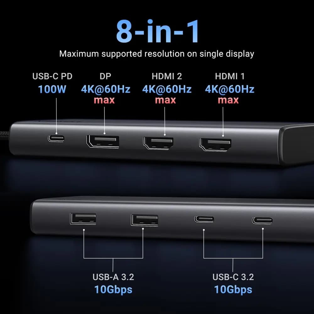 CM639, UGREEN, USB HUB, Revodok 308, HDMI, DP, Type-C, USB-A, PD, 8 in 1 USB C Docking Station, Grey.