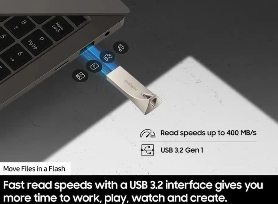 BAR Plus , SAMSUNG, Flash Memory, 128GB, USB A 3.2 Gen1, Up to 400MB/s read.
