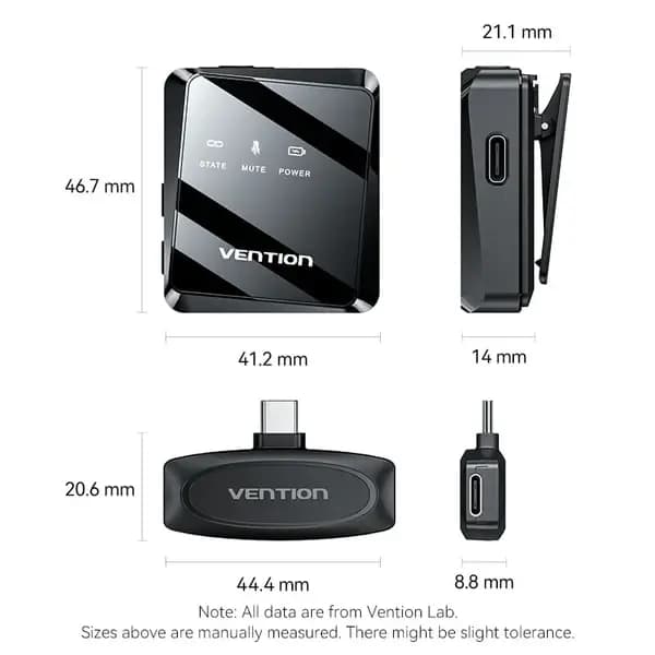 NCBB0, VENTION, Microphone , USB-C 2-Pack Wireless Lavalier Microphone Black Type .