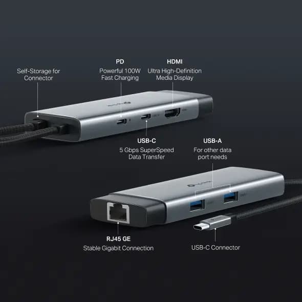UH6120C, TPLINK, Type C Adapter, USB Type-C 6-Port Hub, K@60Hz HDMI, 1 Gbps ethernet, 100W PD, 1×USB-C Data Ports, 2× USB-A
