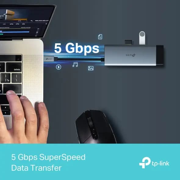 UH6120C, TPLINK, Type C Adapter, USB Type-C 6-Port Hub, K@60Hz HDMI, 1 Gbps ethernet, 100W PD, 1×USB-C Data Ports, 2× USB-A