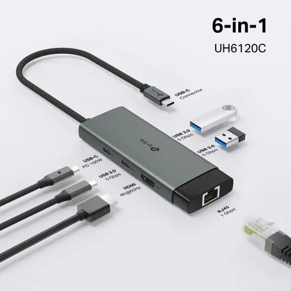 UH6120C, TPLINK, Type C Adapter, USB Type-C 6-Port Hub, K@60Hz HDMI, 1 Gbps ethernet, 100W PD, 1×USB-C Data Ports, 2× USB-A