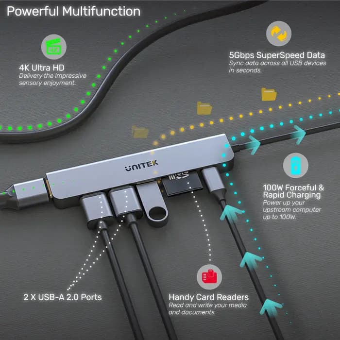 H1118A,UNITEK,7-in-1 USB-C 5Gbps Hub (USB3.0+2*USB2.0+SD/Micro SD Card Reader+HDMI+PD 100W), Space Grey