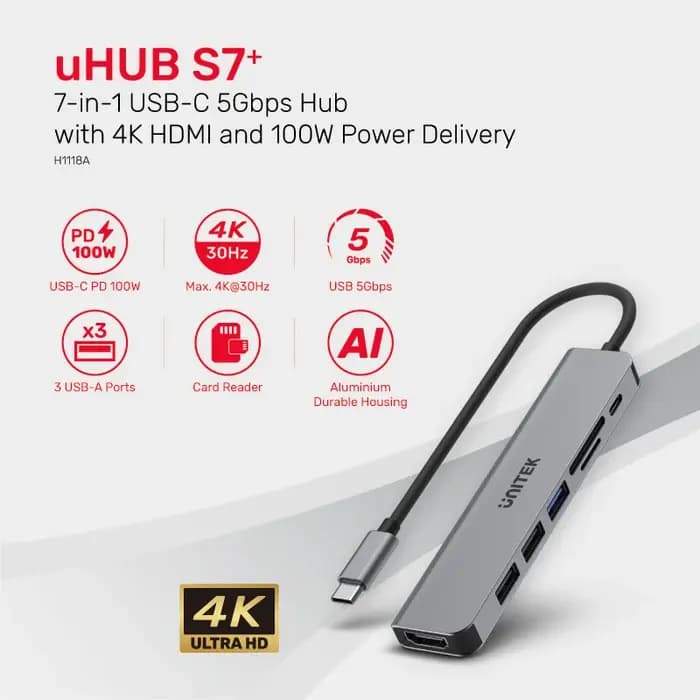 H1118A,UNITEK,7-in-1 USB-C 5Gbps Hub (USB3.0+2*USB2.0+SD/Micro SD Card Reader+HDMI+PD 100W), Space Grey