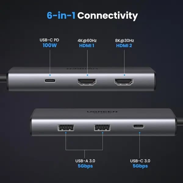 CM498 , UGREEN, HUB, USB-C hub Revodok 206, 2xHDMI, USB, Type-C,Grey.