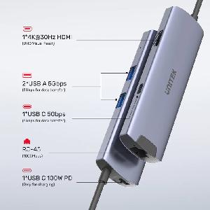 H1112F,UNITEK,6-in-1 USB-C 5Gbps Hub (2*USB-A 5Gbps+USB-C 5Gbps+HDMI 4K 30Hz+Gigabit Ethernet+PD 100W