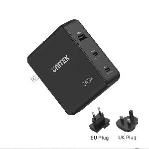 P1115A, UNITEK 140W 3-in-1 GaN Travel Charger (2*PD + QC3.0), With US/EU/UK Plugs, 2M USB-C PD 240W Charging Cable, Black