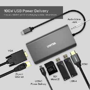 D1019B,UNITEK,8-in-1 USB-C 5Gbps Aluminium Multi-Port Hub,2-Port USB3.0+HDMI+VGA+SD+Audio+Gigabit Ethernet+USB-C PD100W/Data