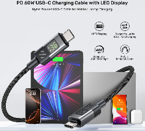  C14158ABK01-1M, UNITEK, Cable, PD 60W USB-C Charge+Data 480Mbps, with LED Display.